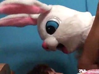 Slut has fun with dude in rabbit costume