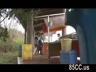 Cute street vendors staff fucked by boss outside 02