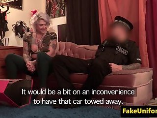 Inked UK milf doggystyled by cops cock