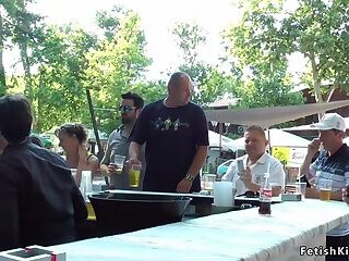 Euro slut sucking in public outdoor cafe